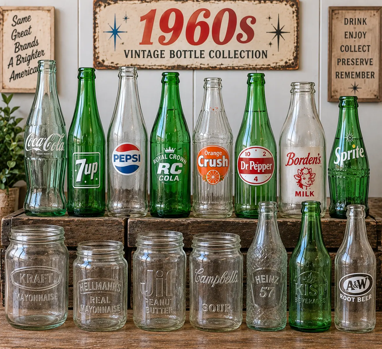 A curated collection of 1960s vintage bottles and jars including Coca-Cola, 7up, Pepsi, Royal Crown Cola, Orange Crush, Dr Pepper, Borden's, Sprite, Kraft, Hellmann's, Jif, Campbell's, Heinz, Kist, and A&W Root Beer