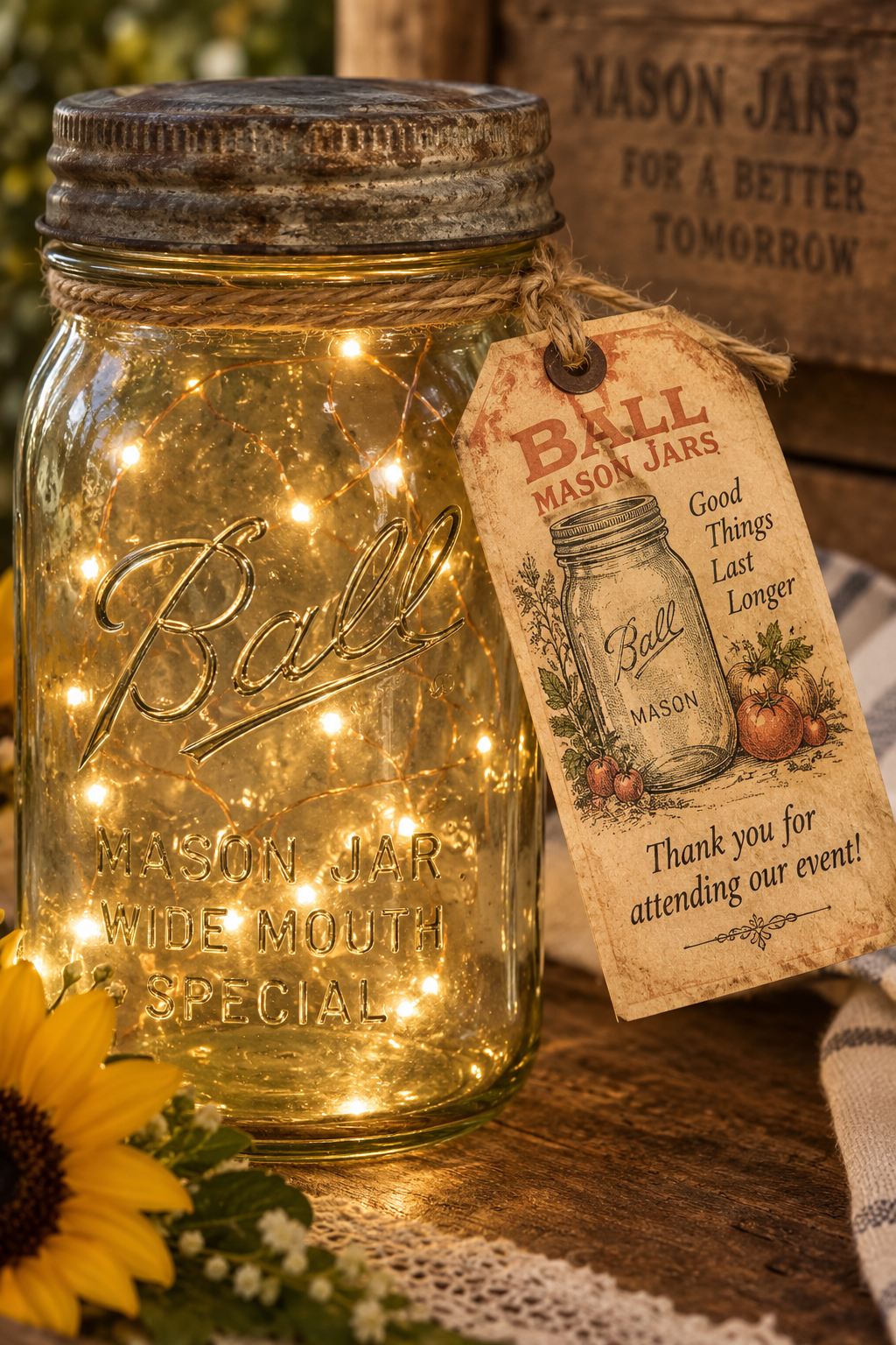 Vintage Mason Jars — Ball jars with twinkle lights, tagged and boxed.