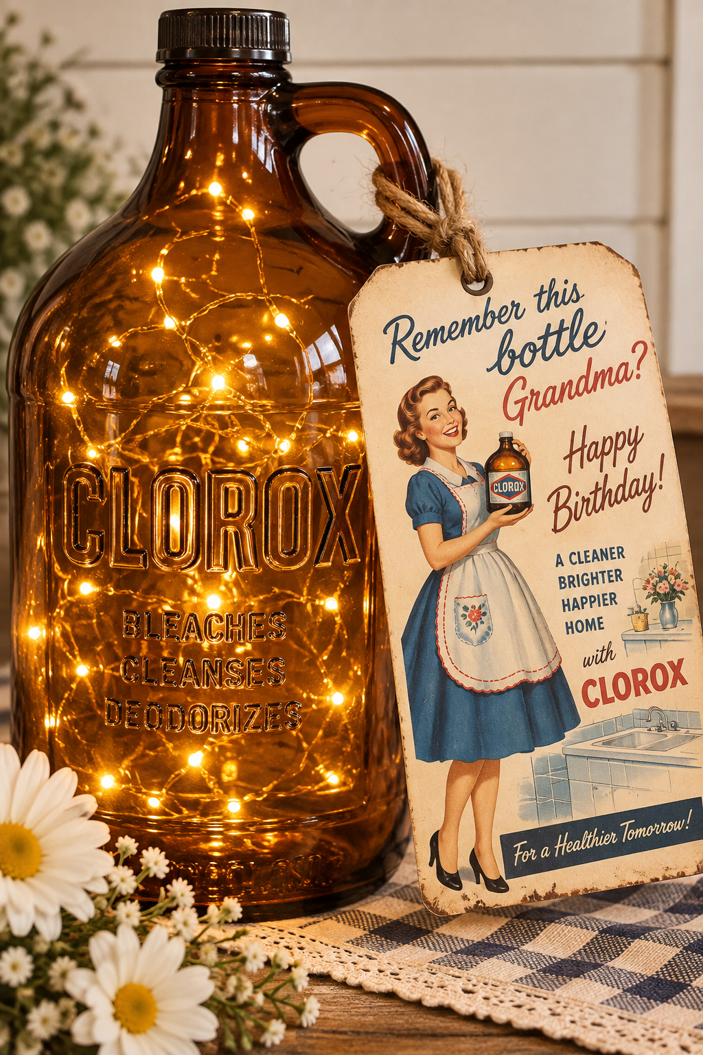 Vintage amber Clorox bottle glowing with fairy lights and a retro-style gift tag
