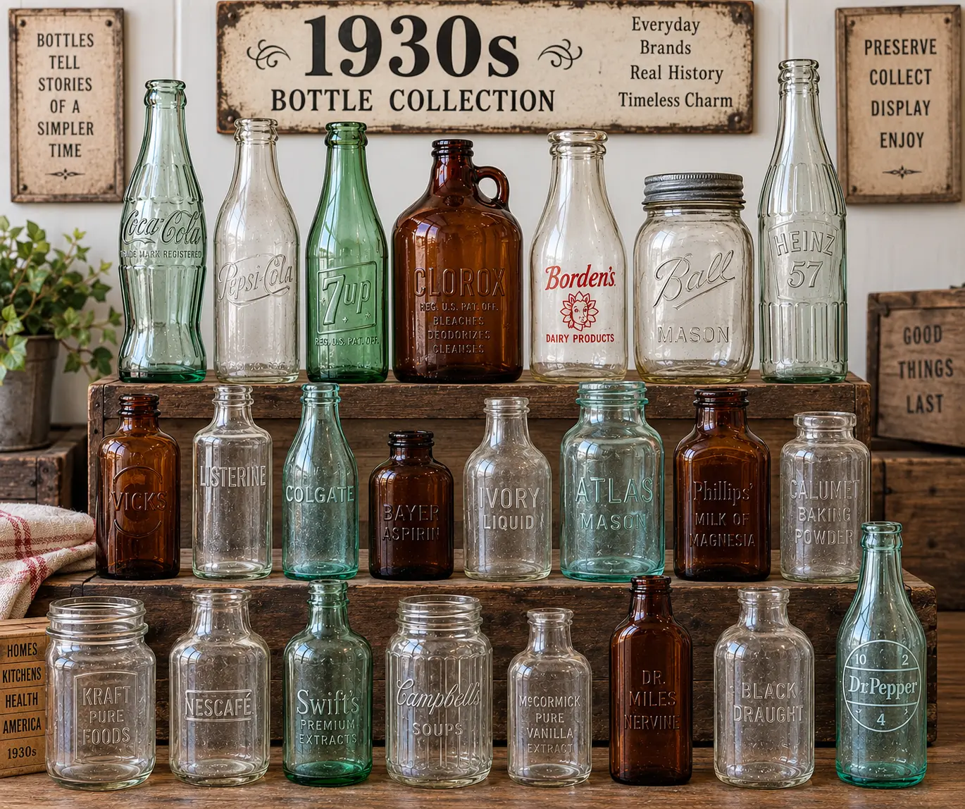 A curated collection of 1930s vintage bottles and jars including Coca-Cola, Pepsi-Cola, 7up, Clorox, Borden's, Ball Mason, Heinz 57, Vicks, Listerine, Colgate, Bayer Aspirin, Ivory Liquid, Atlas Mason, Phillips' Milk of Magnesia, Kraft, Nescafe, and Dr Pepper