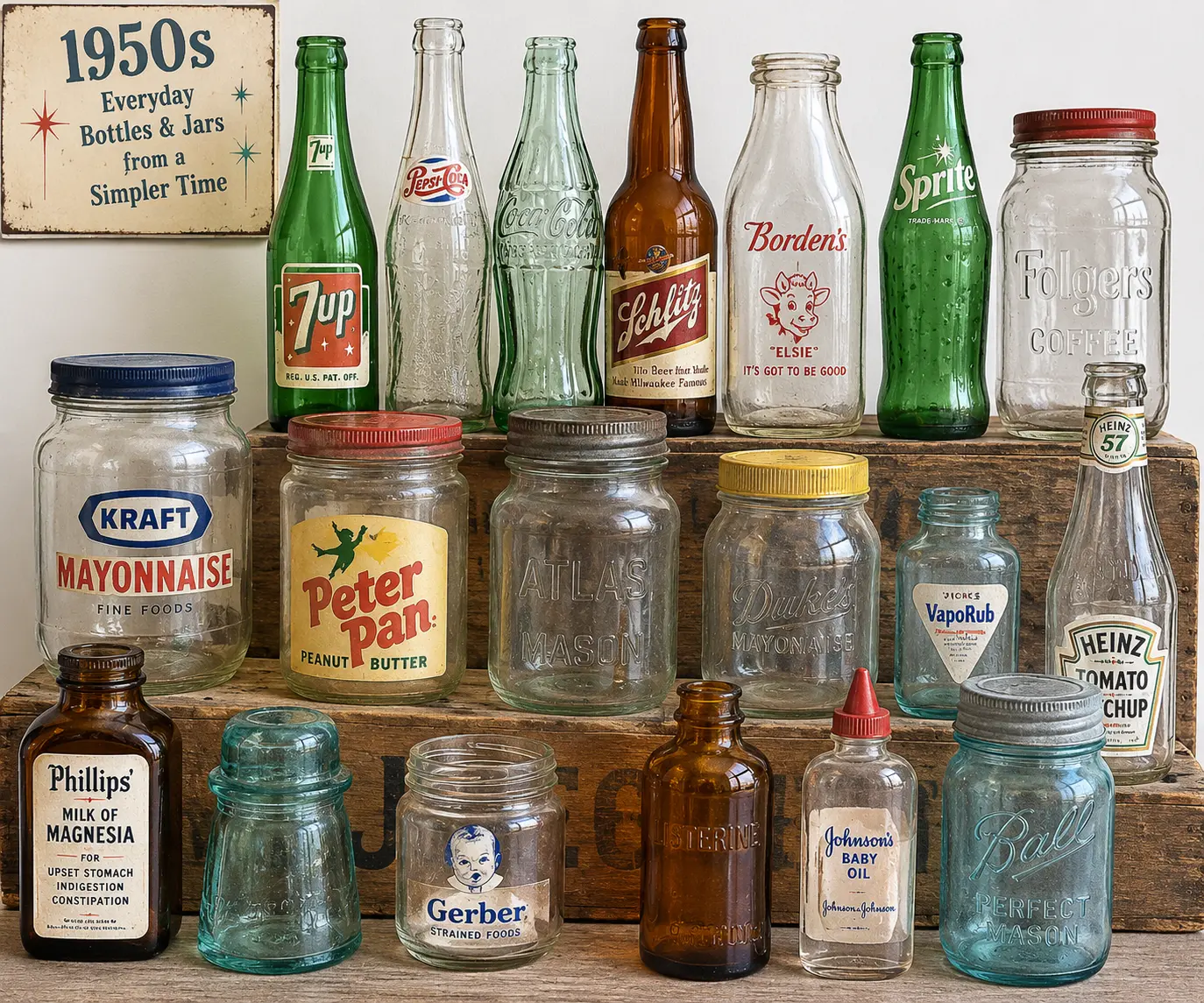 A colorful display of 1950s vintage bottles and jars including 7up, Pepsi-Cola, Coca-Cola, Schlitz, Borden's, Sprite, Folgers, Kraft Mayonnaise, Peter Pan Peanut Butter, Atlas Mason, Duke's Mayonnaise, Vicks VapoRub, Heinz Ketchup, Phillips' Milk of Magnesia, Gerber, Listerine, Johnson's Baby Oil, and Ball Perfect Mason