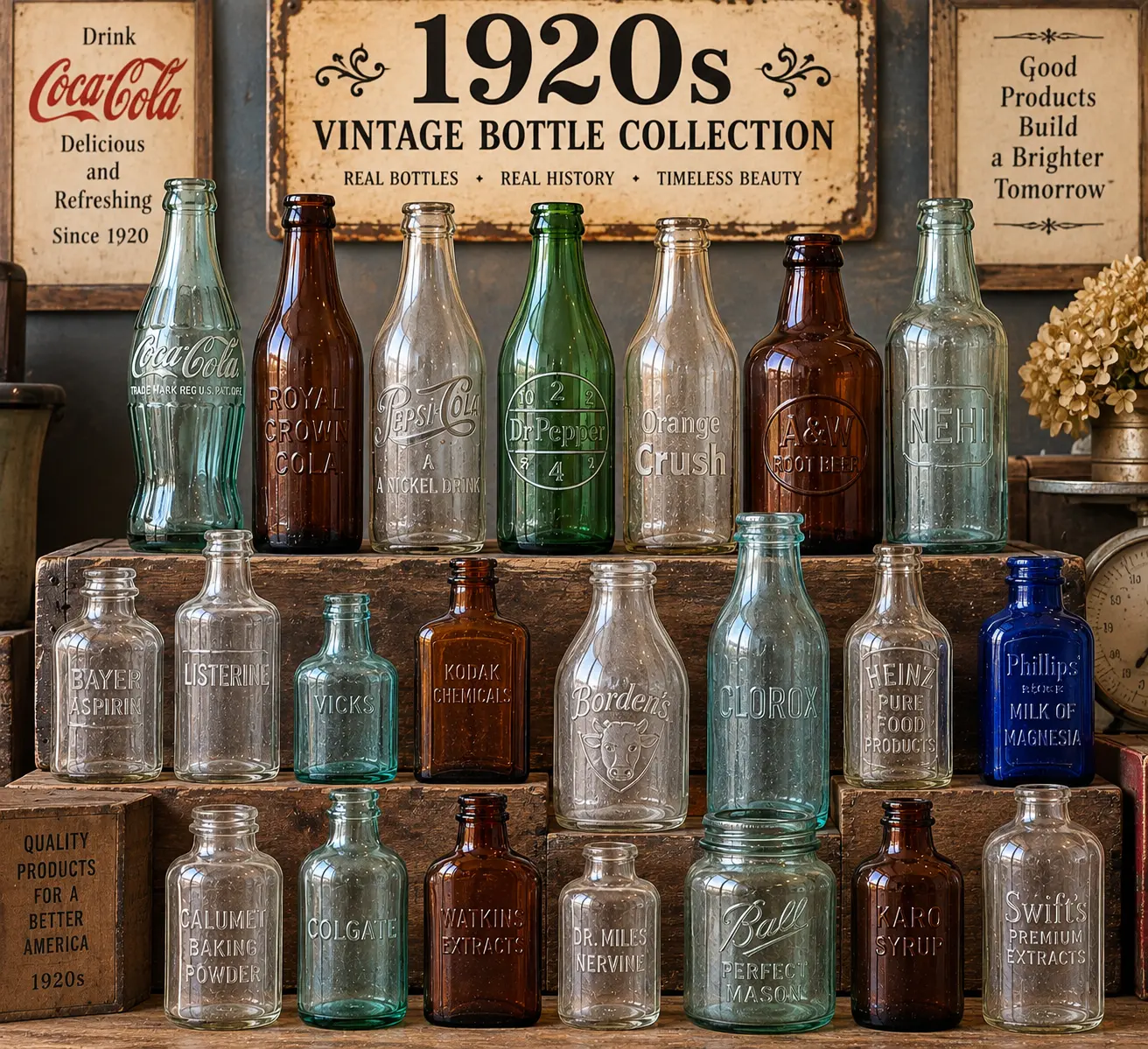 A curated collection of 1920s vintage bottles including Coca-Cola, Royal Crown Cola, Pepsi-Cola, Dr Pepper, Orange Crush, A&W Root Beer, Nehi, Bayer Aspirin, Listerine, Vicks, Kodak Chemicals, Borden's, Clorox, Heinz, and more