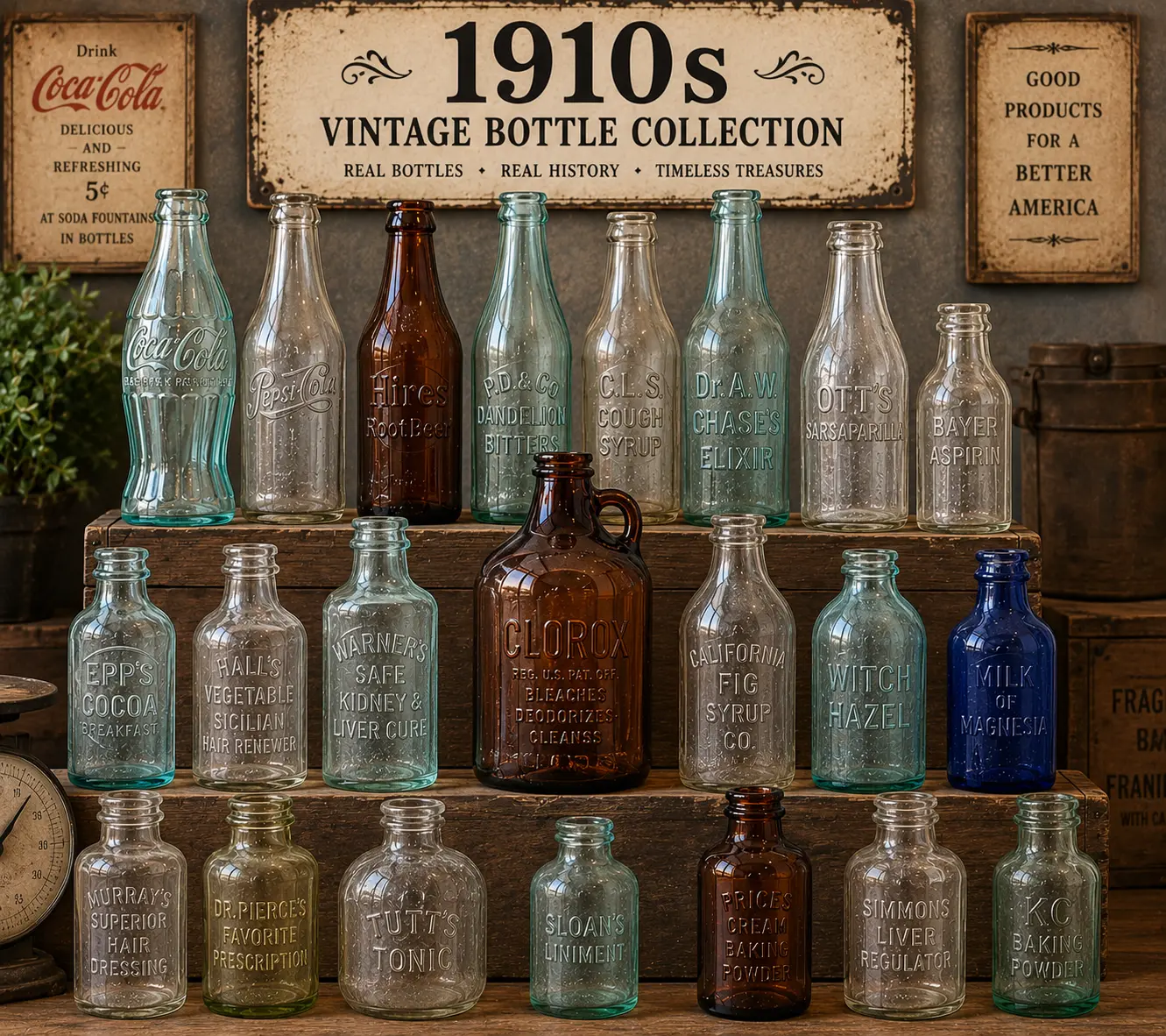 A curated collection of 1910s vintage bottles including Coca-Cola, Pepsi-Cola, Hires Root Beer, P.D. & Co Dandelion Bitters, cough syrup, sarsaparilla, Bayer Aspirin, Clorox, witch hazel, milk of magnesia, and more