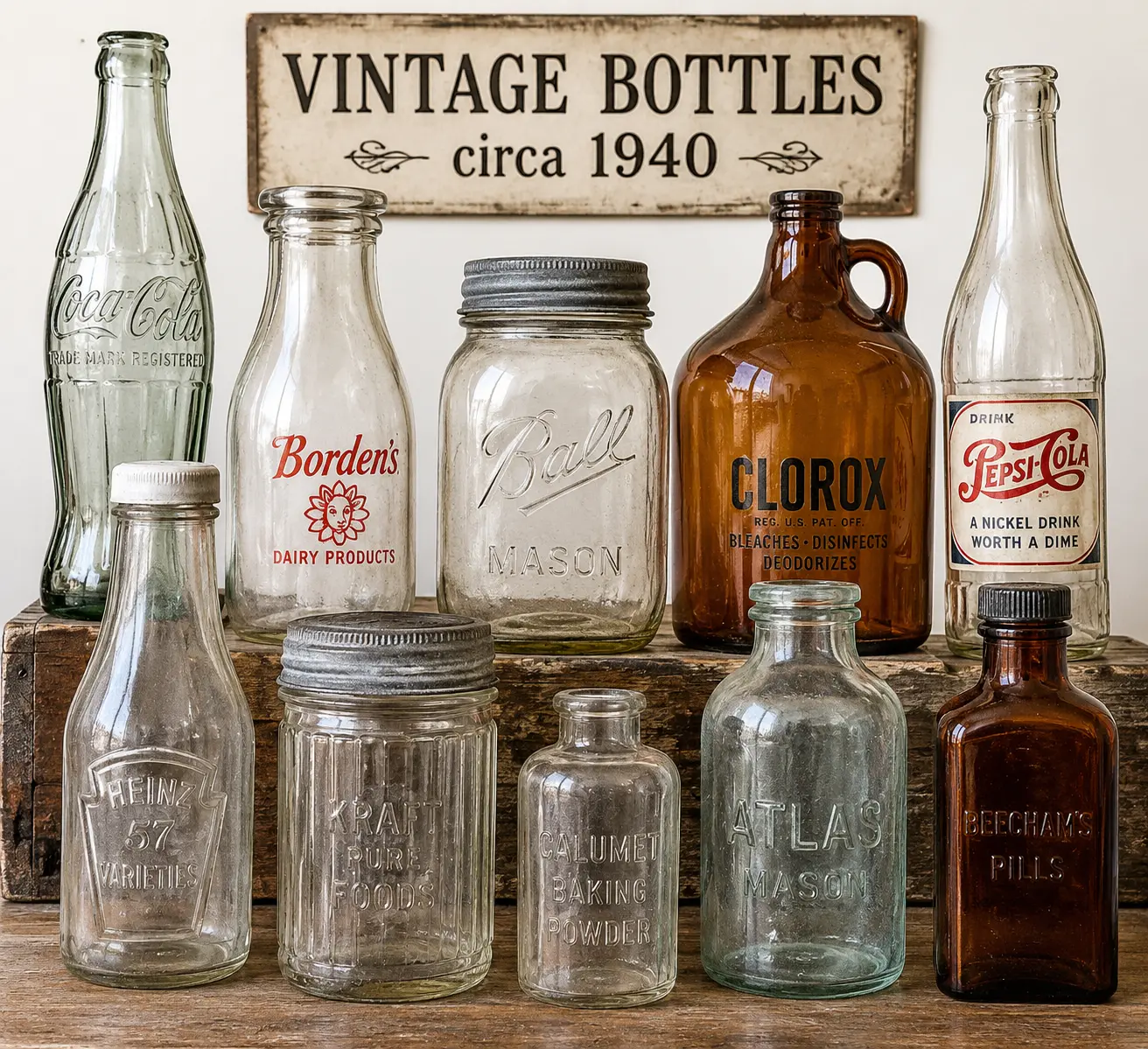 A curated collection of vintage bottles from the 1940s including Coca-Cola, Borden's, Ball Mason, Clorox, Pepsi-Cola, Heinz, Kraft, Calumet, Atlas, and Beecham's bottles