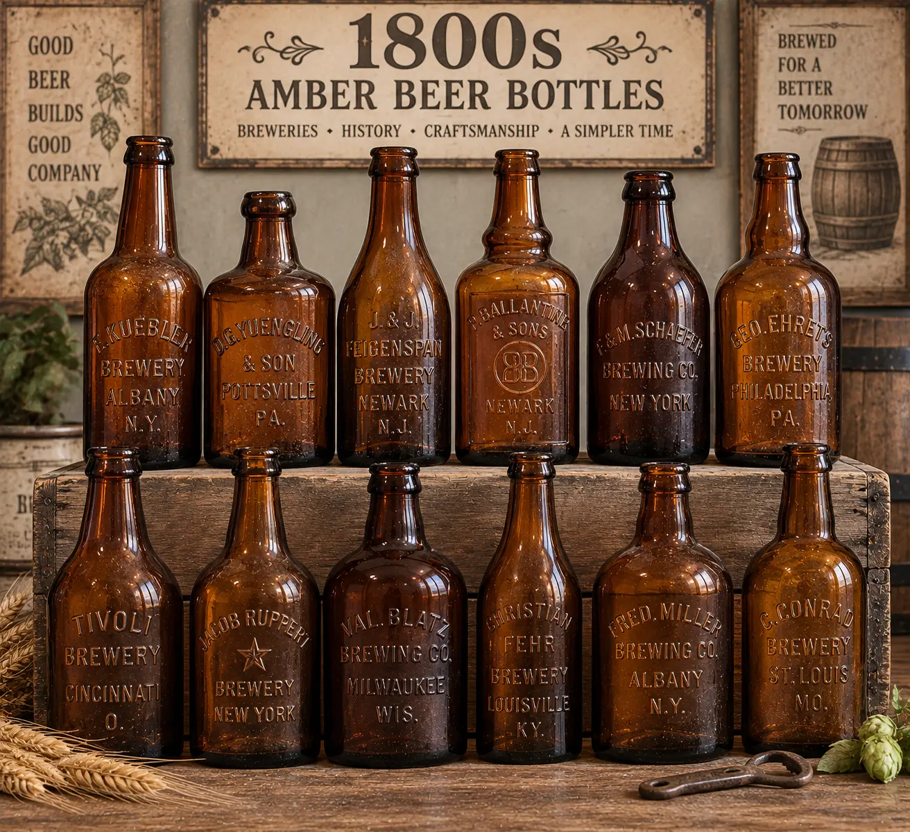 A curated collection of 1800s amber beer bottles including F. Kuebler Albany, Yuengling Pottsville, J. & J. Feigenspan Newark, P. Ballantine & Sons Newark, F. & M. Schaefer New York, Geo. Ehret's Philadelphia, Tivoli Cincinnati, Jacob Ruppert New York, Val. Blatz Milwaukee, Christian Fehr Louisville, Fred. Miller Albany, and C. Conrad St. Louis